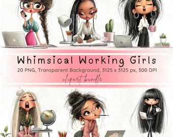 Working Girls Clipart : Quirky Corporate Girl PNG, Whimsical Business Woman Graphics, Scrapbooking, Instant Download