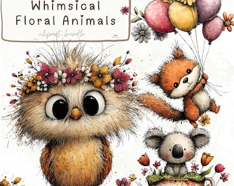 Whimsical Floral Animals Clipart : Woodland Creatures PNG,  Spring Animals and Flowers, Nursery Graphics