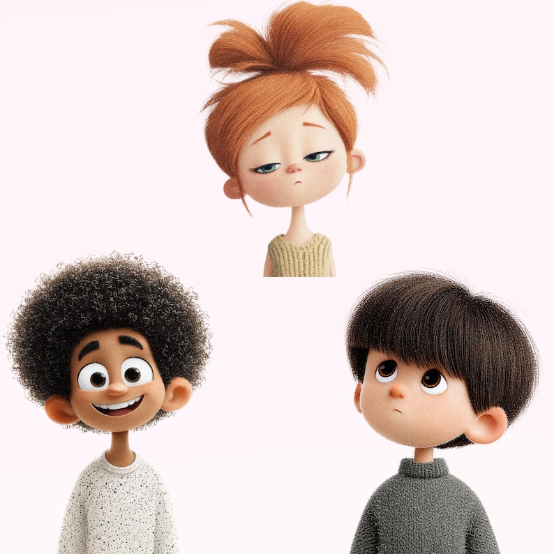 May include: A digital illustration of three cartoon children with different hairstyles and expressions. One has red hair in a bun, another has an afro, and the third has short, dark hair. They are wearing jumpers.