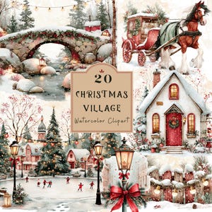 Aquarel kerstdorp clipart – gezellige wintervakantie illustraties, png digitale download, commercieel gebruik clipart