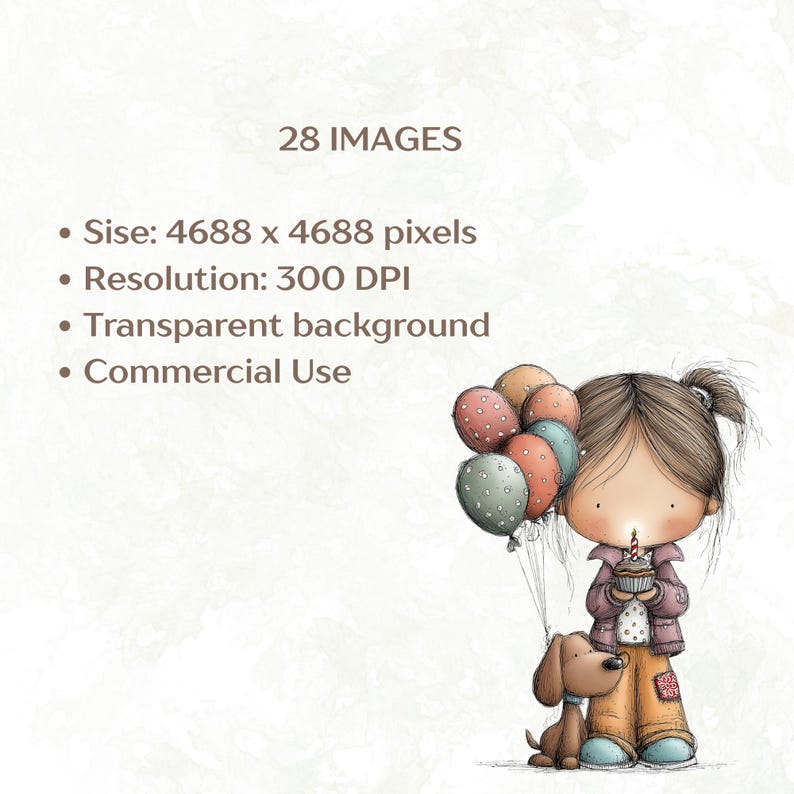 Puede incluir: Ilustraci&oacute;n digital de una ni&ntilde;a sosteniendo una magdalena con una vela encendida y un mont&oacute;n de globos. Un perro marr&oacute;n est&aacute; a su lado. La imagen incluye el texto "28 IMAGES", "Sise: 4688 x 4688 pixels", "Resolution: 300 DPI", "Transparent background" y "Commercial Use".