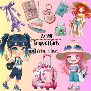Chibi Kawaii Travel Anime Girl Clipart Collection - Ideal for Stickers and POD Projects