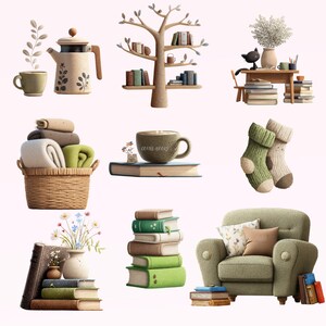 Pode incluir: Ilustra&ccedil;&atilde;o com v&aacute;rios elementos de decora&ccedil;&atilde;o de casa. Inclui uma chaleira e ch&aacute;vena, uma estante em forma de &aacute;rvore, uma mesa com livros e um gato, um cesto de cobertores, uma ch&aacute;vena de caf&eacute; num livro, um par de meias, uma pilha de livros e uma poltrona verde.