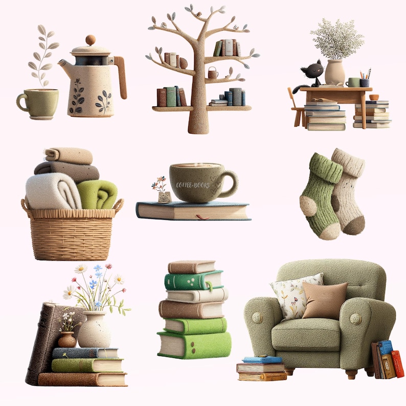 Pode incluir: Ilustra&ccedil;&atilde;o com v&aacute;rios elementos de decora&ccedil;&atilde;o de casa. Inclui uma chaleira e ch&aacute;vena, uma estante em forma de &aacute;rvore, uma mesa com livros e um gato, um cesto de cobertores, uma ch&aacute;vena de caf&eacute; num livro, um par de meias, uma pilha de livros e uma poltrona verde.