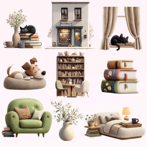 Pode incluir: Uma cole&ccedil;&atilde;o de ilustra&ccedil;&otilde;es acolhedoras com uma livraria, um c&atilde;o numa cama, um gato em livros, uma poltrona verde, uma estante e uma cama com uma bandeja. A paleta de cores inclui verdes suaves, castanhos e cremes.