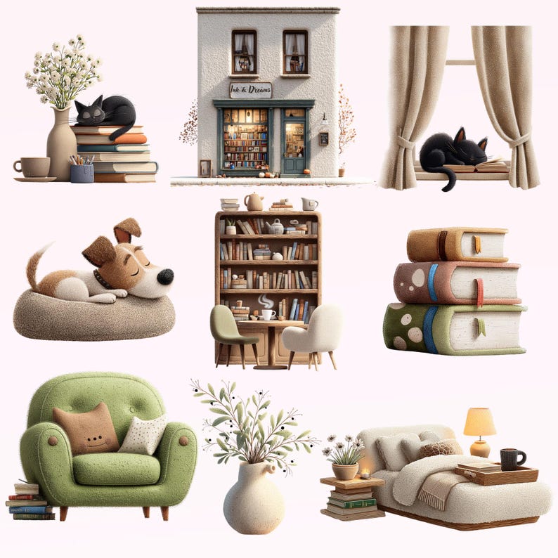 Pode incluir: Uma cole&ccedil;&atilde;o de ilustra&ccedil;&otilde;es acolhedoras com uma livraria, um c&atilde;o numa cama, um gato em livros, uma poltrona verde, uma estante e uma cama com uma bandeja. A paleta de cores inclui verdes suaves, castanhos e cremes.