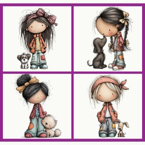 Puede incluir: Obra de arte de cuatro paneles con chicas de dibujos animados con mascotas. Cada chica lleva una chaqueta roja, vaqueros azules y un accesorio para el pelo. Las mascotas incluyen un perro peque&ntilde;o, un perro negro y un oso de peluche.
