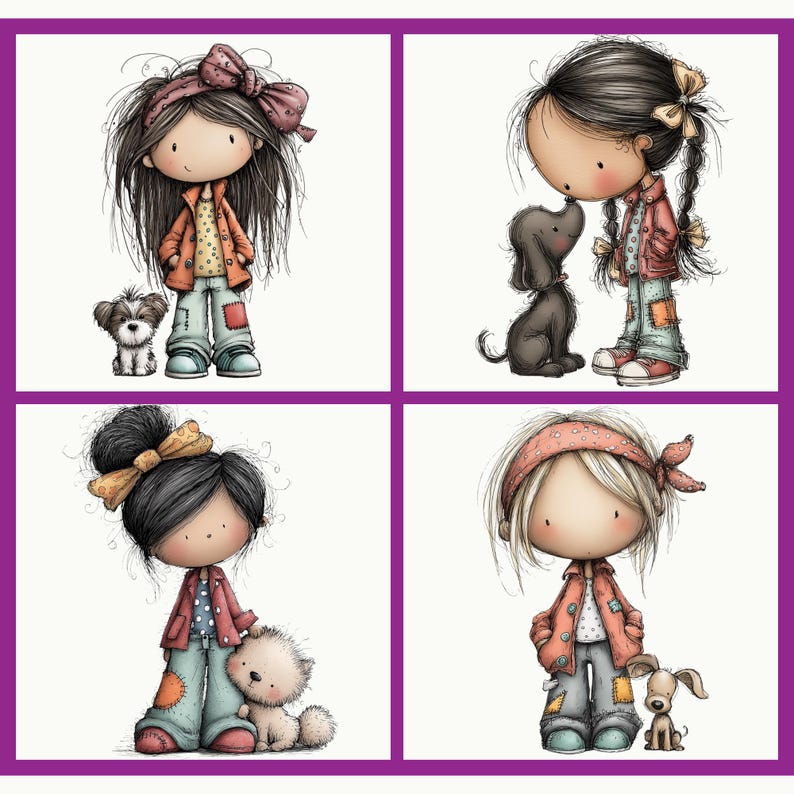 Puede incluir: Obra de arte de cuatro paneles con chicas de dibujos animados con mascotas. Cada chica lleva una chaqueta roja, vaqueros azules y un accesorio para el pelo. Las mascotas incluyen un perro peque&ntilde;o, un perro negro y un oso de peluche.