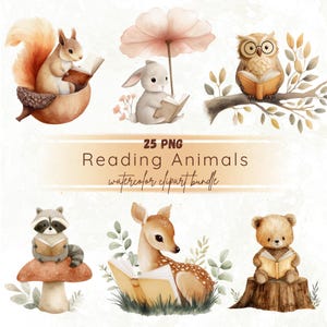 Può includere: Pacchetto di clipart ad acquerello con sei adorabili animali che leggono libri. Include uno scoiattolo, un coniglio, un gufo, un procione, un cervo e un orso. Il testo recita "Reading Animals watercolor clipart bundle".