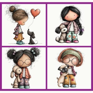 Puede incluir: Ilustraci&oacute;n de cuatro paneles con chicas de dibujos animados con mascotas. Una chica mira a un perro negro con un globo de coraz&oacute;n. Otra chica acaricia un perro de peluche. La tercera chica abraza a un perro de peluche y la cuarta chica abraza a un pug.