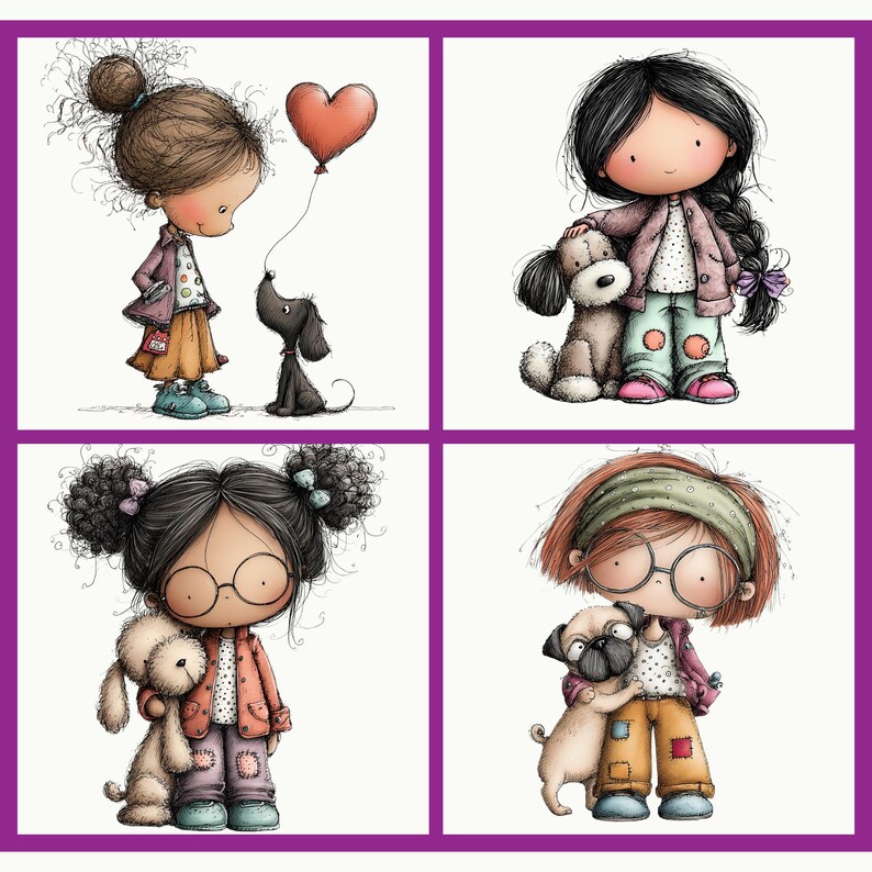 Puede incluir: Ilustraci&oacute;n de cuatro paneles con chicas de dibujos animados con mascotas. Una chica mira a un perro negro con un globo de coraz&oacute;n. Otra chica acaricia un perro de peluche. La tercera chica abraza a un perro de peluche y la cuarta chica abraza a un pug.
