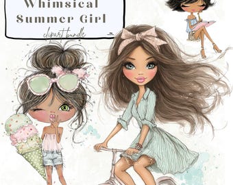 夏の女の子のクリップアートセット：ファッション都市の女性水彩画、イラスト24点、デジタルダウンロード