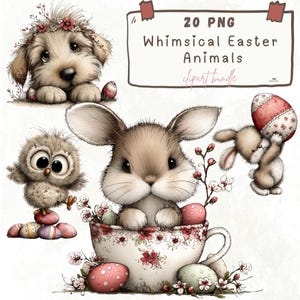 Könnte beinhalten: Eine digitale Illustration mit skurrilen Ostertieren. Das Bild zeigt einen Welpen mit Blumenkranz, eine Eule, ein Häschen in einer Teetasse und ein Häschen, das ein Osterei hält. Der Text lautet "20 PNG Whimsical Easter Animals clipart bundle."