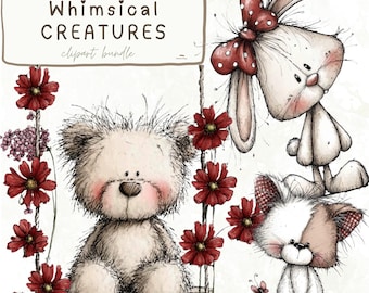 Whimsical Animals Clipart – 20 Woodland Creatures PNG, Cute Floral Woodland Animals for Stickers & Nursery Art