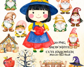 白雪姫のハロウィーン クリップアート セット: 水彩画のおとぎ話のイラスト (商用利用、デジタルダウンロード)