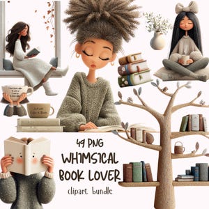 Whimsical Book Lover Clipart: Cozy Autumn Reading PNG Set (Digital Download)