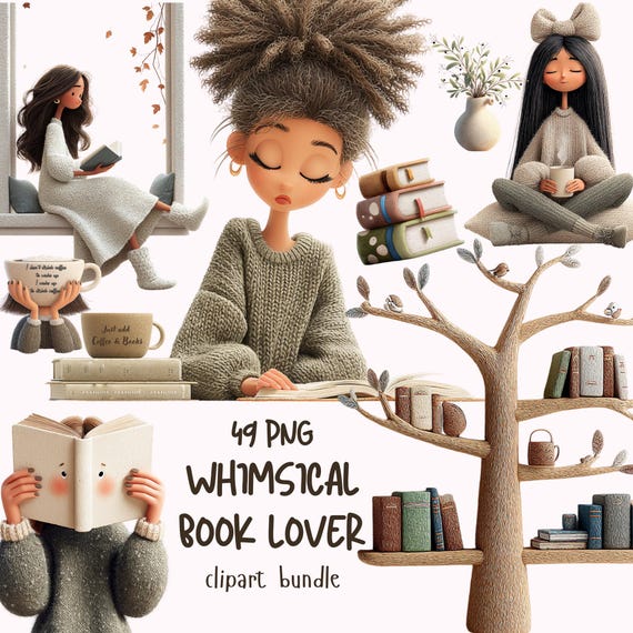 Whimsical Book Lover Clipart: Cozy Autumn Reading PNG Set (Digital Download)