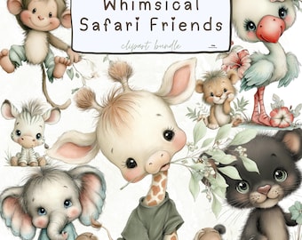 Clipart de Safari: Conjunto de PNG de animales bebés caprichosos, PNG de zoológico de la selva, imprimibles de guardería de safari