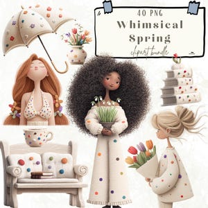 May include: A digital clipart bundle labelled "Whimsical Spring" with illustrations of women, flowers, and decorative items. The images include a woman with flowers, a polka-dot umbrella, and a bouquet of tulips. The colour palette is soft and pastel.