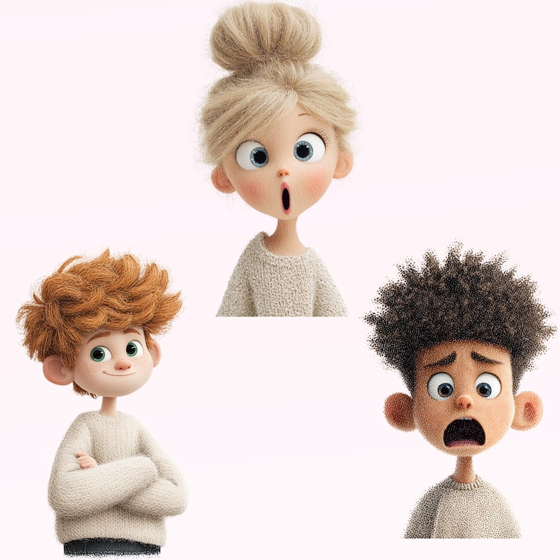 May include: Three cartoon characters with surprised expressions. A blonde woman with a bun, a red-haired boy with crossed arms, and a boy with curly black hair. All are wearing light-coloured jumpers.