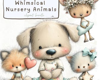 Imágenes prediseñadas de animales de guardería: PNG de animales bebés neutros, arte animal caprichoso: conejo, oso, zorro, ciervo, elefante, mapache