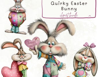 Easter Bunny Clipart Set: Quirky Whimsical Rabbits, Spring Easter PNG, Vintage Bunny Illustrations