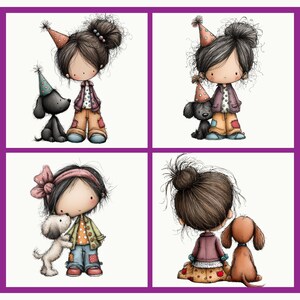 Puede incluir: Ilustraci&oacute;n de cuatro paneles con figuras de dibujos animados de ni&ntilde;as y perros. Las ni&ntilde;as visten sombreros de fiesta y trajes coloridos. Los perros son negros, blancos y marrones. La obra de arte tiene un estilo caprichoso de cuento con un borde p&uacute;rpura.