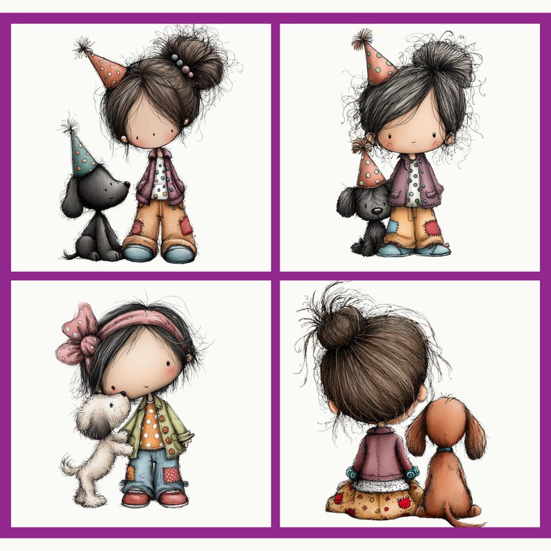 Puede incluir: Ilustraci&oacute;n de cuatro paneles con figuras de dibujos animados de ni&ntilde;as y perros. Las ni&ntilde;as visten sombreros de fiesta y trajes coloridos. Los perros son negros, blancos y marrones. La obra de arte tiene un estilo caprichoso de cuento con un borde p&uacute;rpura.