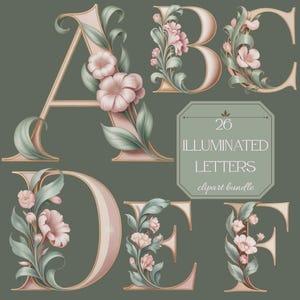 Pode incluir: Pacote de cliparts digitais de letras iluminadas A, B, C, D, E e F, adornadas com desenhos florais e de folhas. As letras são em tons de rosa suave e dourado, sobre um fundo verde. O texto diz "26 Illuminated Letters clipart bundle."