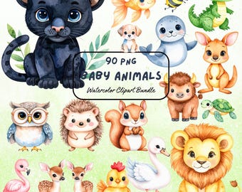 Clipart di cuccioli di animali ad acquerello: pacchetto PNG per l'arte della cameretta dei bambini (uso commerciale, download digitale)