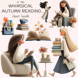 Indigo Autumn Reading Clipart: Cozy Women, Books, Coffee (47 PNG Images) (Digital Download