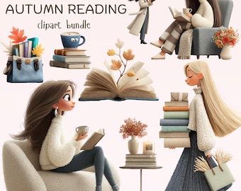 Indigo Herbst lesen Clipart: Gemütliche Frauen, Bücher, Kaffee (47 PNG Bilder) (Digital Download