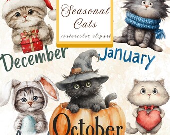 水彩画の月別クリップアート - 12ヶ月カレンダーPNG、かわいい猫のイラスト、子猫の月別クリップアート、商用利用可