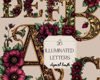 Illuminated Letters Clipart Burgundy & Gold Medieval Alphabet PNG Floral Monogram Letters A–Z Elegant Initials