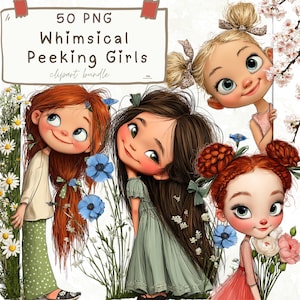 Puede incluir: Paquete de imágenes prediseñadas digitales con cinco chicas caprichosas con ojos grandes y mejillas rosadas. Las chicas están rodeadas de flores y vegetación. El texto "50 PNG Whimsical Peeking Girls clipart bundle" está en la parte superior de la imagen.