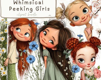 Clipart de niña espiando: niña con flores, niña escondida entre flores, esquina floral, rosa, flor silvestre, guardería PNG