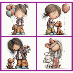Puede incluir: Un collage de cuatro ilustraciones con chicas de dibujos animados y perros. Cada chica se representa con un objeto diferente: globos, una magdalena, flores y un coraz&oacute;n. Las chicas llevan chaquetas, pantalones y zapatos. Los perros son marrones y blancos.