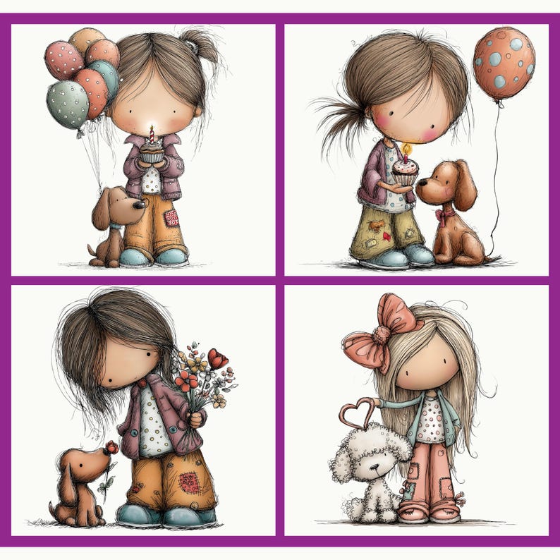 Puede incluir: Un collage de cuatro ilustraciones con chicas de dibujos animados y perros. Cada chica se representa con un objeto diferente: globos, una magdalena, flores y un coraz&oacute;n. Las chicas llevan chaquetas, pantalones y zapatos. Los perros son marrones y blancos.