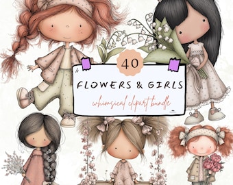 Girl and Flower Clipart – Flower Girls PNG, Quirky Girls and Flower Art for Stickers, Scrapbook & Nursery Decor