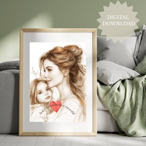 Stampa artistica di madre e figlia: illustrazione sentimentale di famiglia (download digitale)