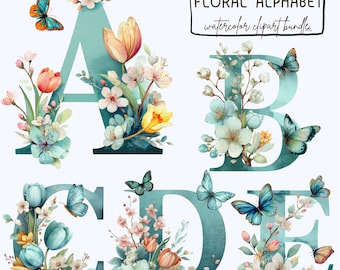 Clipart di lettere floreali: grafica dell'alfabeto floreale ad acquerello, alfabeto di farfalle e fiori primaverili PNG