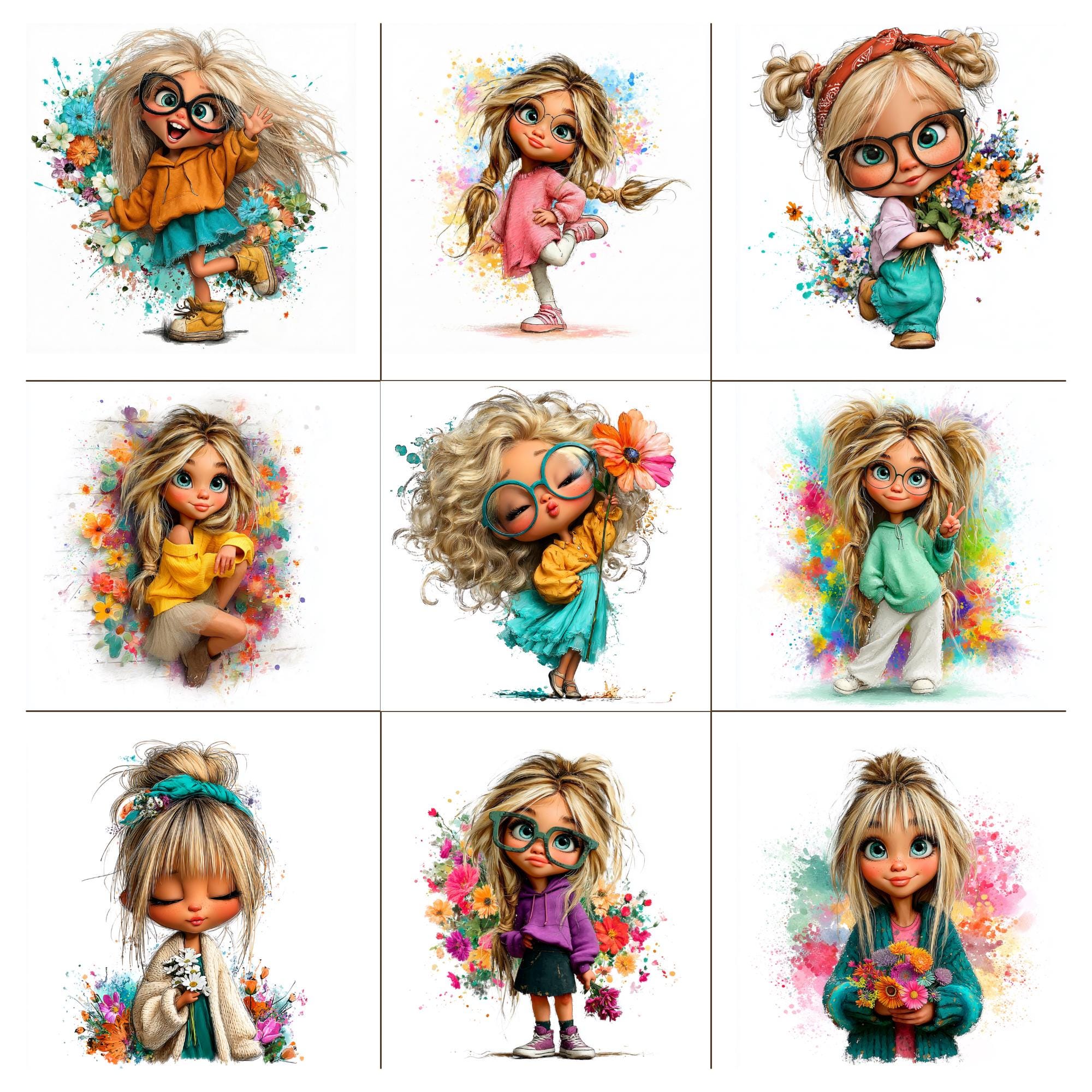 Quirky Girl Clipart: Watercolor Funny Flower Blonde Girl, 24 JPG, White ...