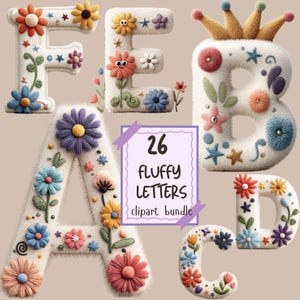 Könnte beinhalten: Eine Sammlung flauschiger, floral dekorierter Buchstaben in verschiedenen Farben, darunter Blau, Orange und Lila. Die Buchstaben haben ein weiches, strukturiertes Aussehen, und das Bild enthält den Text "26 Fluffy Letters clipart bundle."