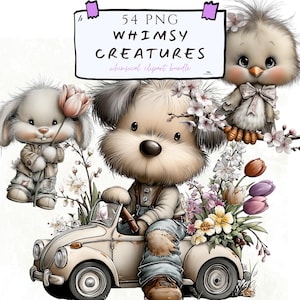 Puede incluir: Ilustración digital de criaturas caprichosas. Un perro conduce un coche antiguo lleno de flores. Un conejito sostiene un tulipán y un pájaro está posado en una rama. Incluye el texto "54 PNG Whimsy Creatures".