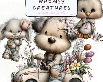 Clipart de animales de primavera: 54 criaturas caprichosas PNG, adorables animales florales del bosque para pegatinas y decoración infantil