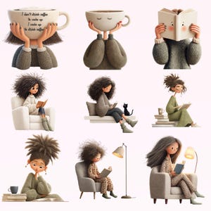 Pode incluir: Uma cole&ccedil;&atilde;o de ilustra&ccedil;&otilde;es caprichosas com figuras com x&iacute;caras de caf&eacute; ou livros como cabe&ccedil;as. As figuras s&atilde;o retratadas em v&aacute;rias poses, algumas lendo, outras segurando as x&iacute;caras. A paleta de cores &eacute; suave, com verdes, marrons e cremes suaves.