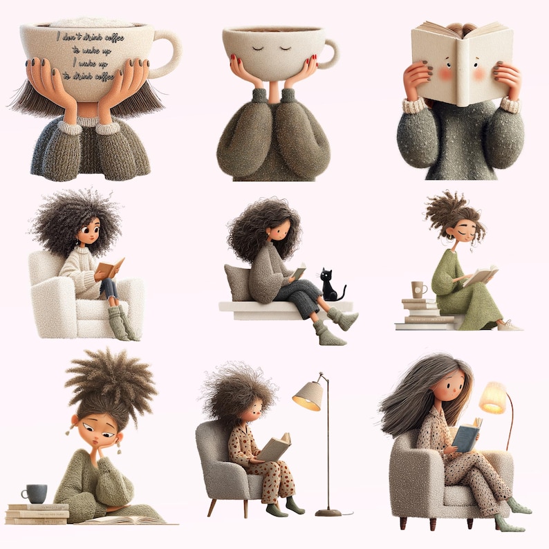 Pode incluir: Uma cole&ccedil;&atilde;o de ilustra&ccedil;&otilde;es caprichosas com figuras com x&iacute;caras de caf&eacute; ou livros como cabe&ccedil;as. As figuras s&atilde;o retratadas em v&aacute;rias poses, algumas lendo, outras segurando as x&iacute;caras. A paleta de cores &eacute; suave, com verdes, marrons e cremes suaves.