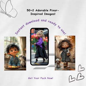 Pixar Style Whimsical Mädchen und Haustiere Wallpaper Pack - Bezaubernde Jungen, Mädchen, Kaffee, Hunde & Katzen - Digital Download Art Bundle