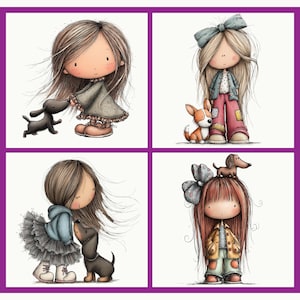 Puede incluir: Ilustraci&oacute;n de cuatro paneles de chicas de dibujos animados con perros. Cada chica tiene el pelo largo y lleva diferentes atuendos, interactuando con un perro salchicha o un perro parecido a un zorro. La obra de arte tiene un estilo suave y caprichoso con un borde p&uacute;rpura.