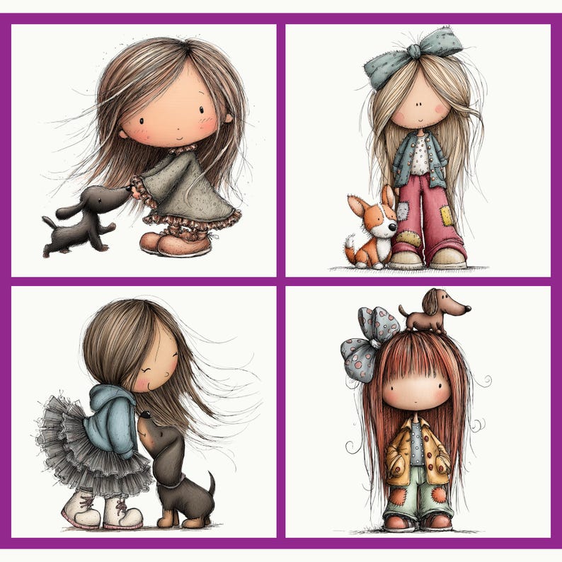 Puede incluir: Ilustraci&oacute;n de cuatro paneles de chicas de dibujos animados con perros. Cada chica tiene el pelo largo y lleva diferentes atuendos, interactuando con un perro salchicha o un perro parecido a un zorro. La obra de arte tiene un estilo suave y caprichoso con un borde p&uacute;rpura.